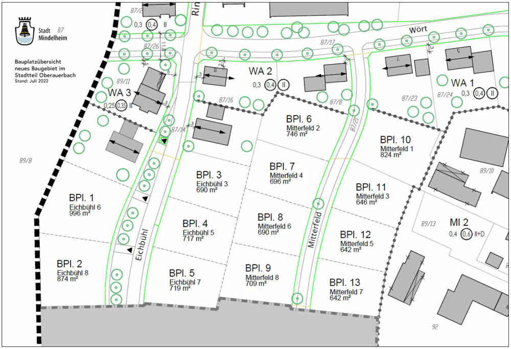 Bauplatzübersicht mit Nummerierung Neubaugebiet Stadtteil Oberauerbach